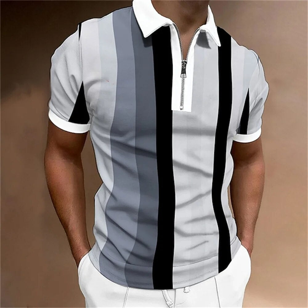 Comfortable men's striped short-sleeve polo shirt, versatile for daily wear & office casual.