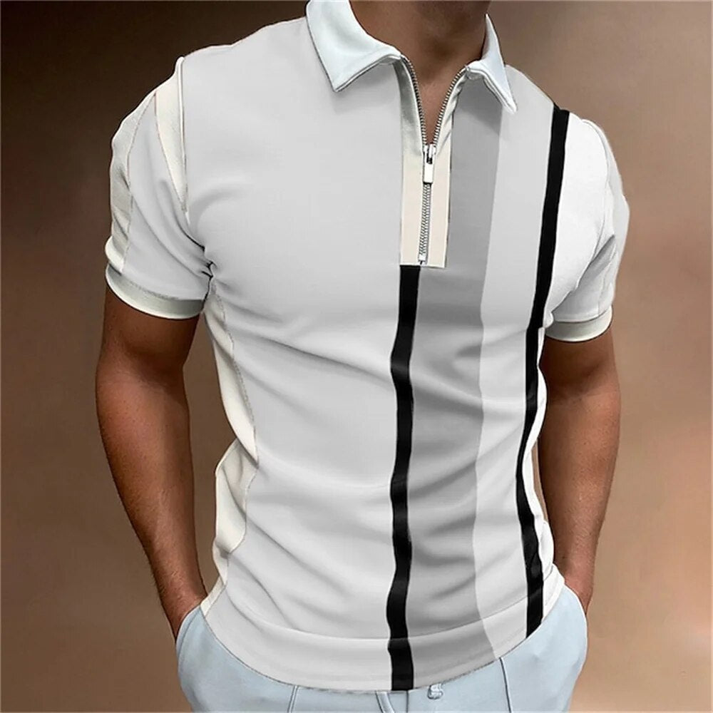 Modern men's striped polo shirt with a stylish design, ideal for a smart casual look.