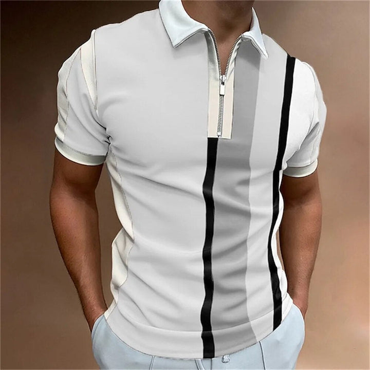 Modern men's striped polo shirt with a stylish design, ideal for a smart casual look.