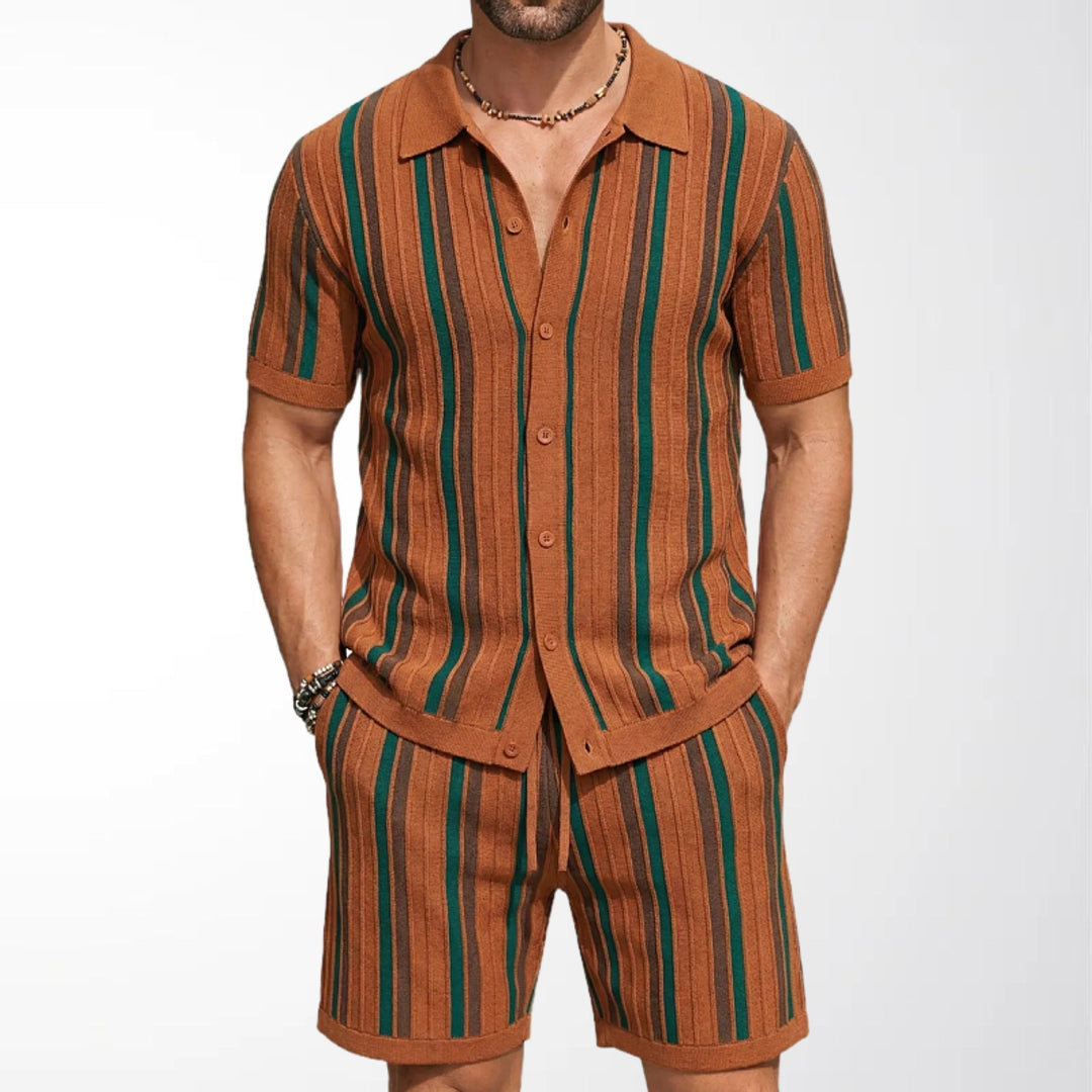 Men's striped short sleeve shirt & coordinated shorts set for casual summer wear.