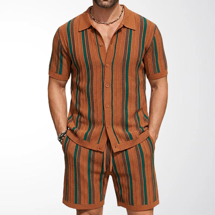 Men's striped short sleeve shirt & coordinated shorts set for casual summer wear.