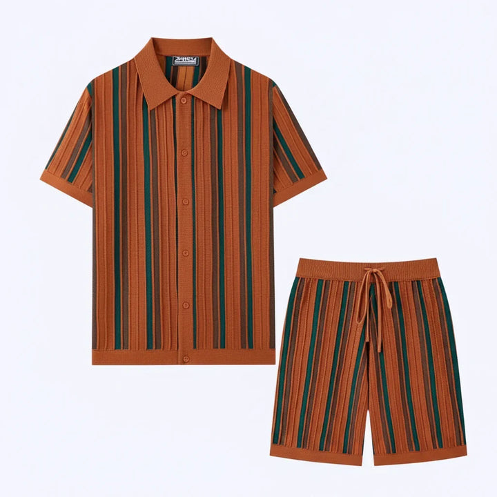 Comfortable men's two-piece striped outfit, featuring a short sleeve shirt and matching shorts.