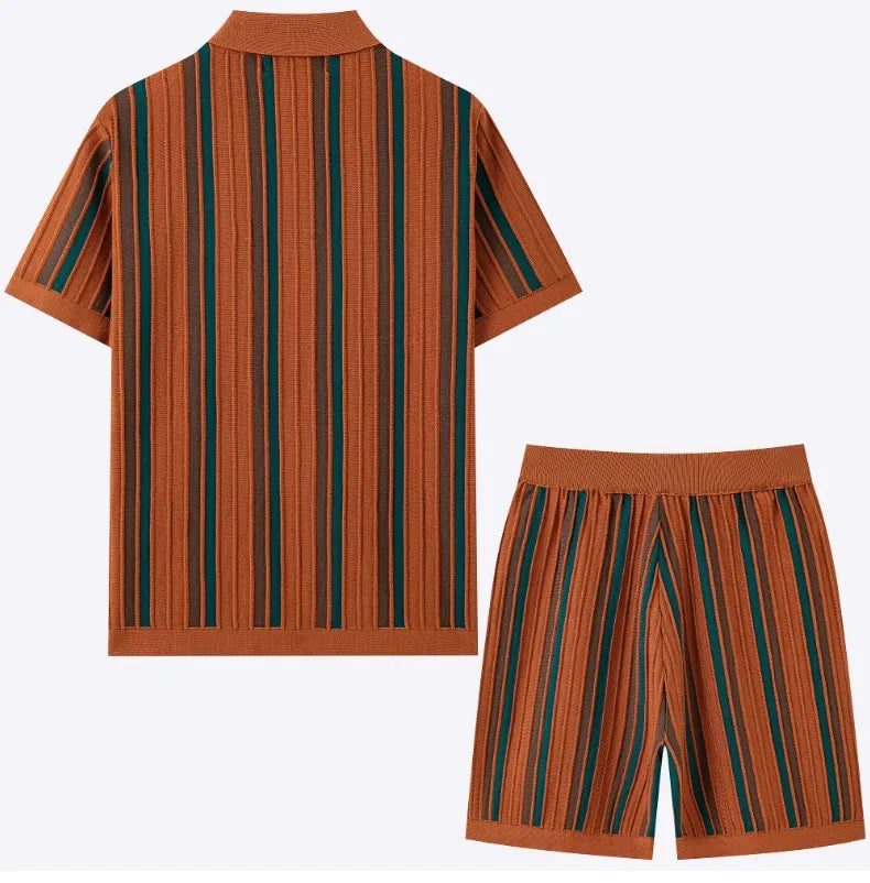 Stylish men's coordinated striped short sleeve shirt & shorts set, perfect for loungewear.
