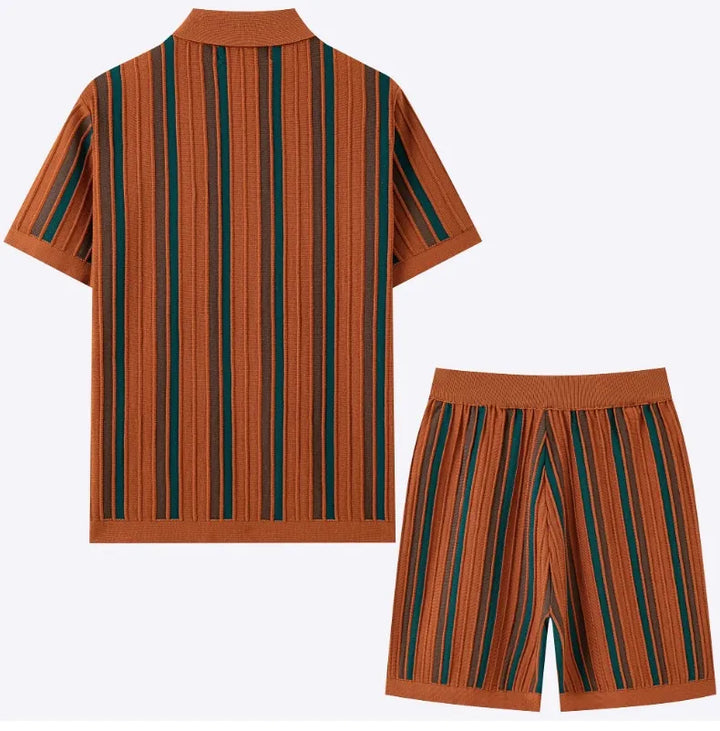 Stylish men's coordinated striped short sleeve shirt & shorts set, perfect for loungewear.