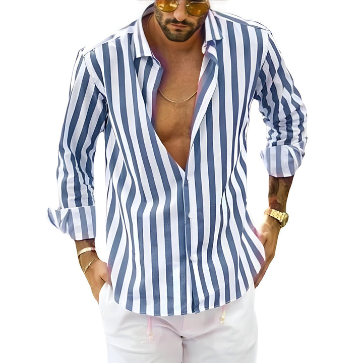 Breathable lightweight men's striped shirt ensures comfort in warm weather. A casual summer fashion essential.