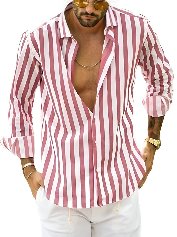 Casual men's striped summer shirt for beach, vacation, or everyday wear. Lightweight & breathable comfort. Relaxed.