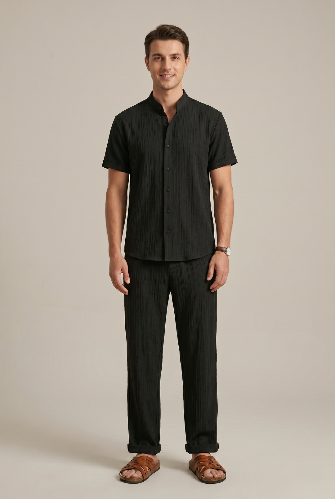 Men's striped two-piece co-ord set with relaxed fit shirt & trousers, perfect for casual or smart casual wear.