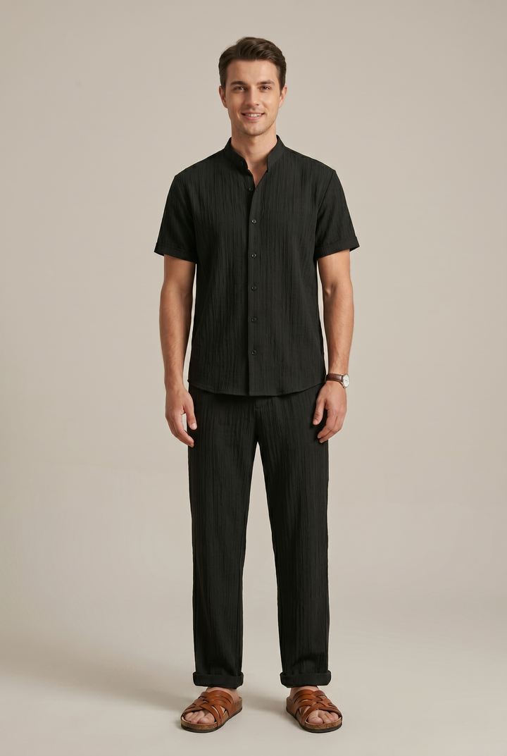 Men's striped two-piece co-ord set with relaxed fit shirt & trousers, perfect for casual or smart casual wear.