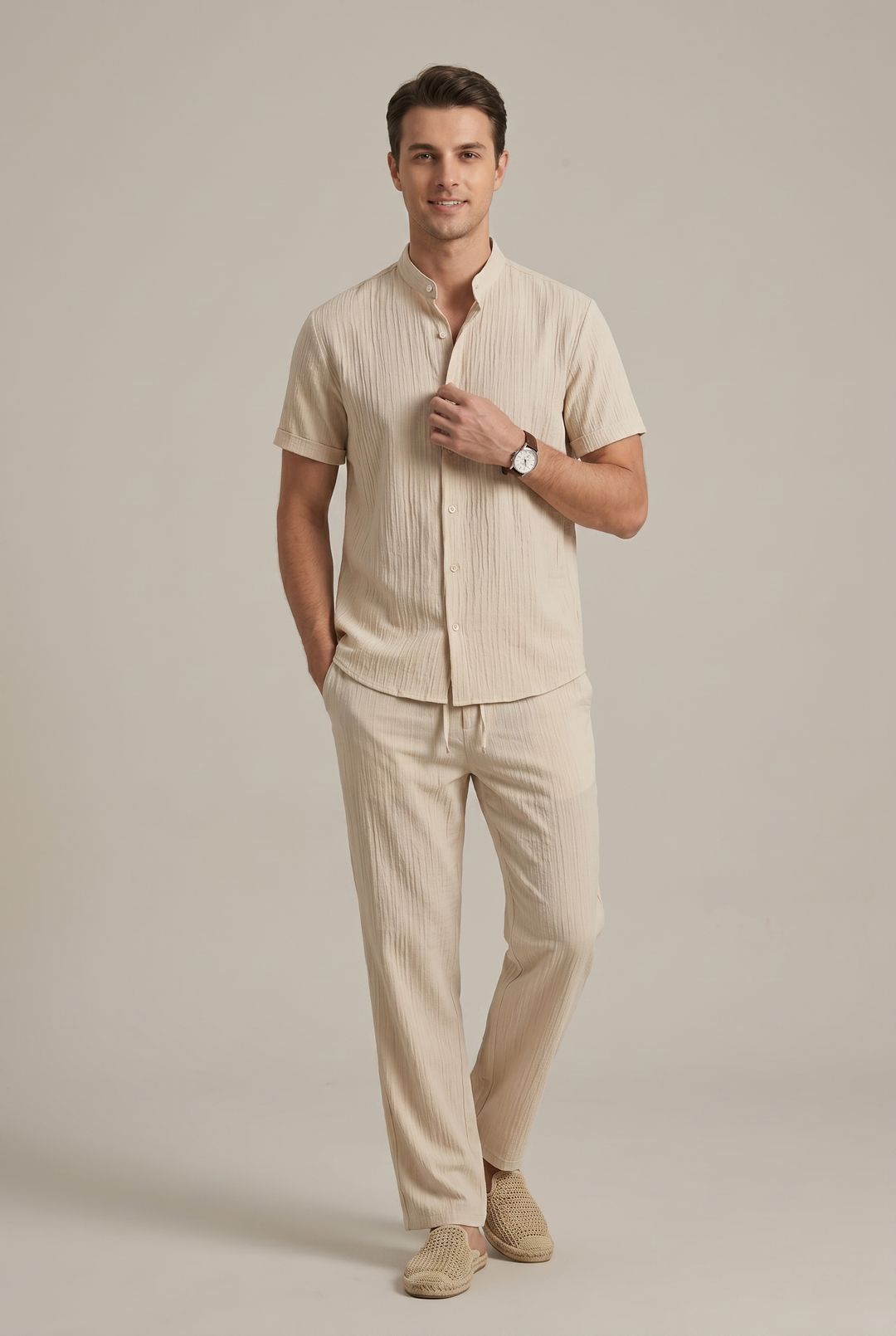 Comfortable men's striped co-ord set featuring a relaxed fit short-sleeve shirt and matching pull-on trousers.
