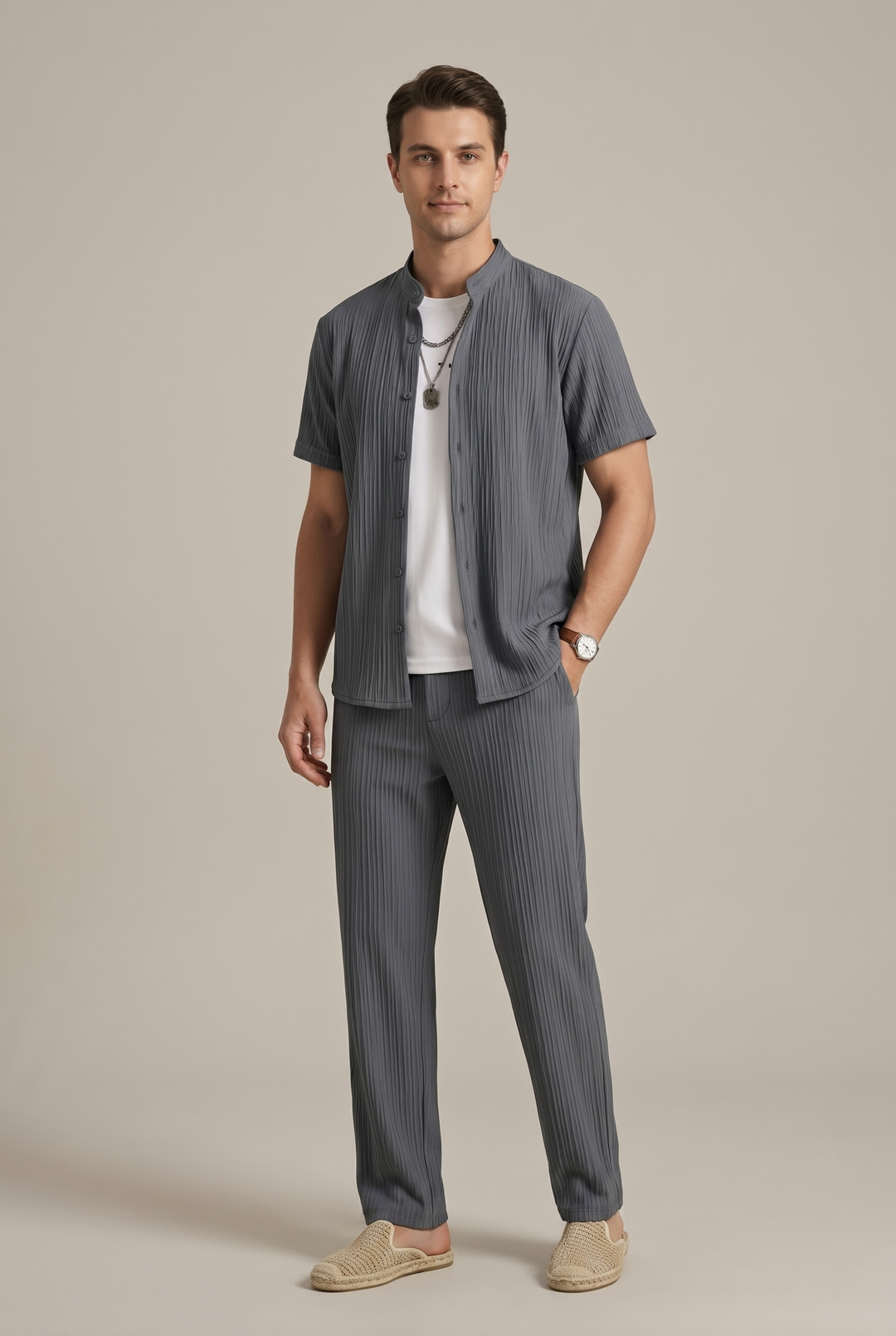 Stylish men's matching striped co-ord set. Relaxed fit button-up shirt paired with comfortable trousers.
