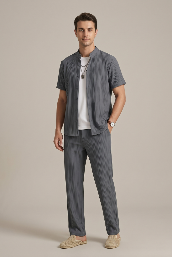 Stylish men's matching striped co-ord set. Relaxed fit button-up shirt paired with comfortable trousers.