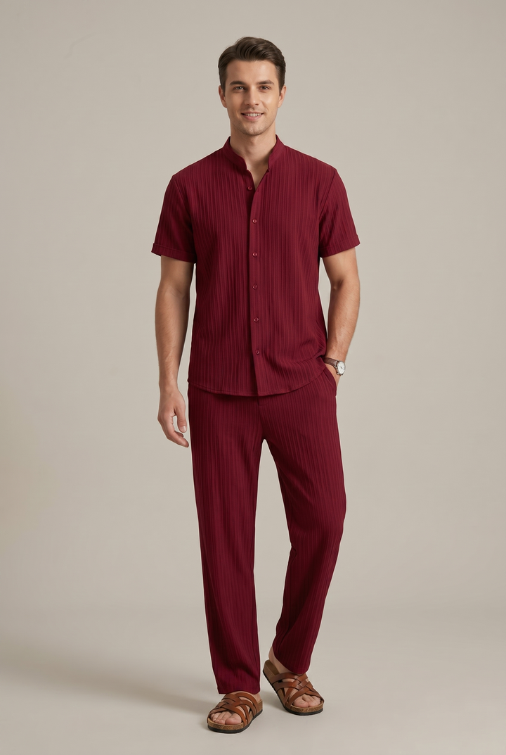 Modern men's striped two-piece co-ord outfit set. Relaxed fit shirt & trousers, ideal for men's casual fashion.