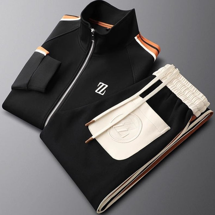 Transitional men's 2-piece tracksuit set. Structured athletic wear, great for spring summer fashion.