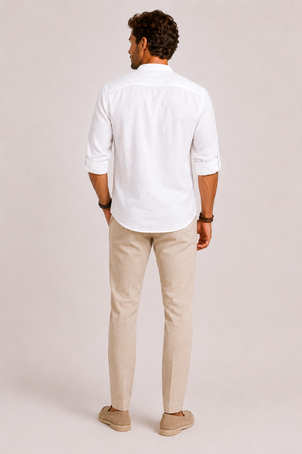 Men's casual summer shirt featuring a stylish stand collar. Versatile for spring fashion, smart casual outfits.