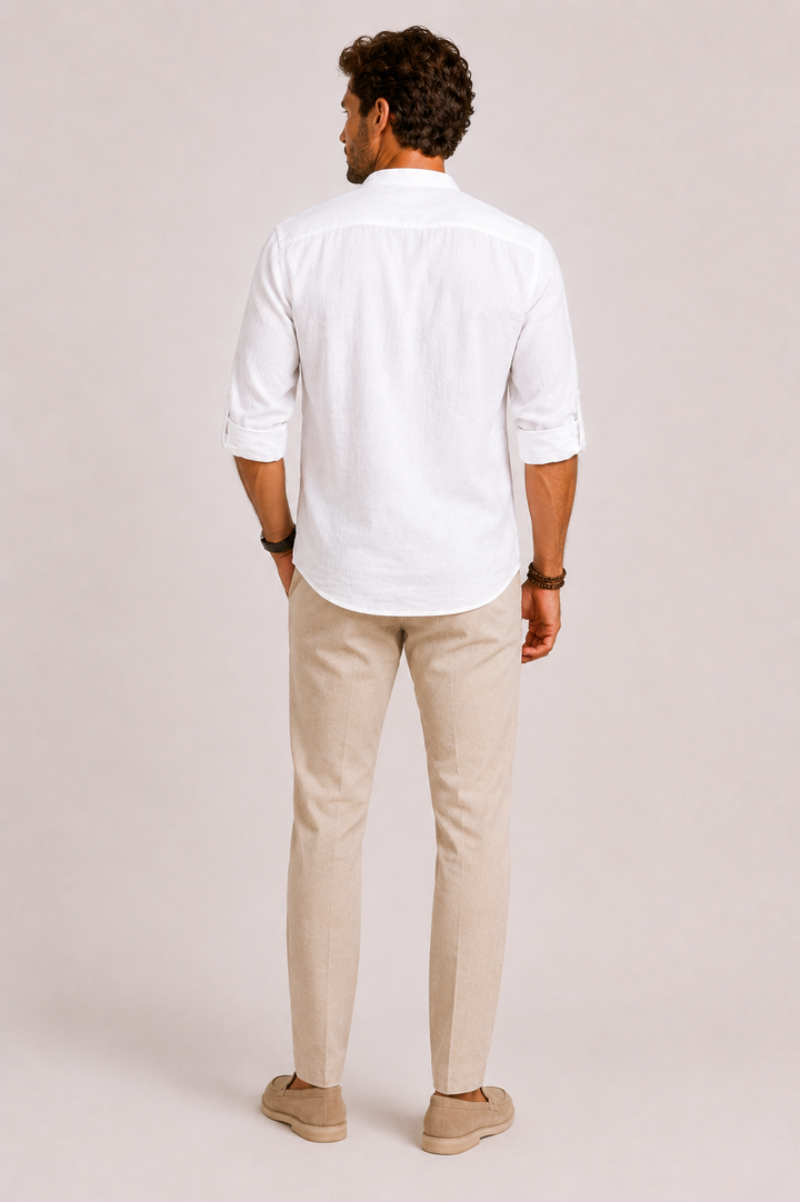 Men's casual summer shirt featuring a stylish stand collar. Versatile for spring fashion, smart casual outfits.