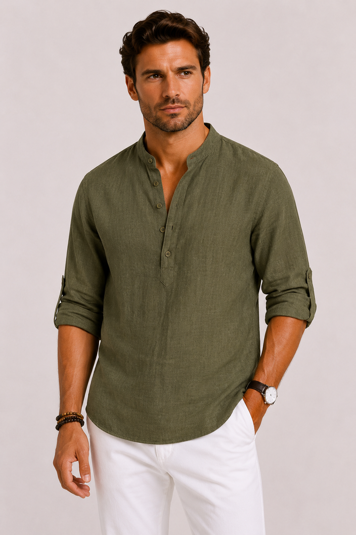 Men's everyday summer shirt, structured with a stand collar. Relaxed fit, comfortable & perfect for spring fashion.