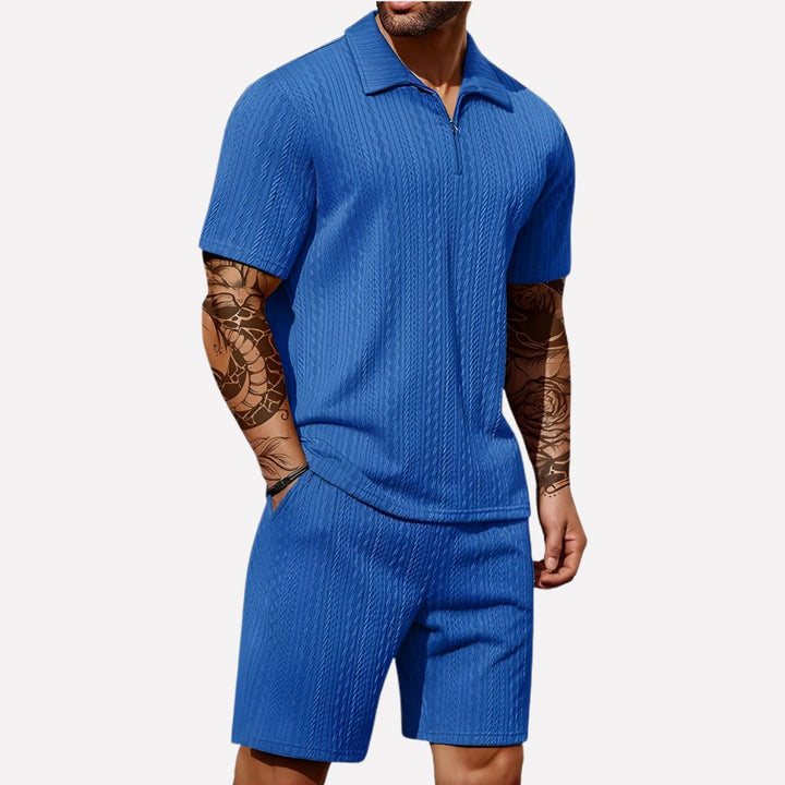 Men's stylish half-zip polo & shorts set. Comfortable two-piece for casual summer and everyday wear.