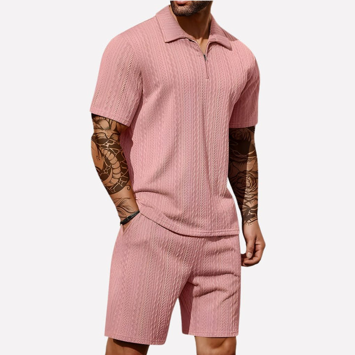 Stylish men's two-piece polo shirt and shorts set, a comfortable and fashionable summer outfit.