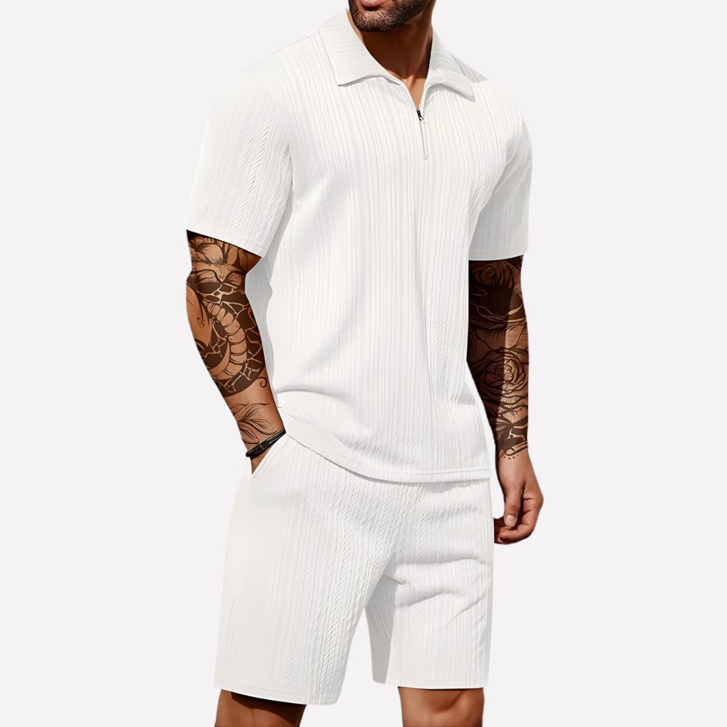 Comfortable men's relaxed fit half-zip polo shirt and shorts set for everyday wear.