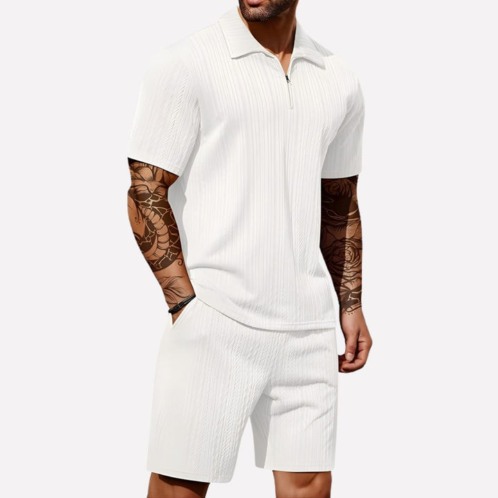 Comfortable men's relaxed fit half-zip polo shirt and shorts set for everyday wear.