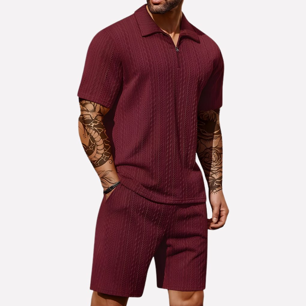 Stylish men's two-piece polo & shorts set, ideal for summer casual or lounge wear.