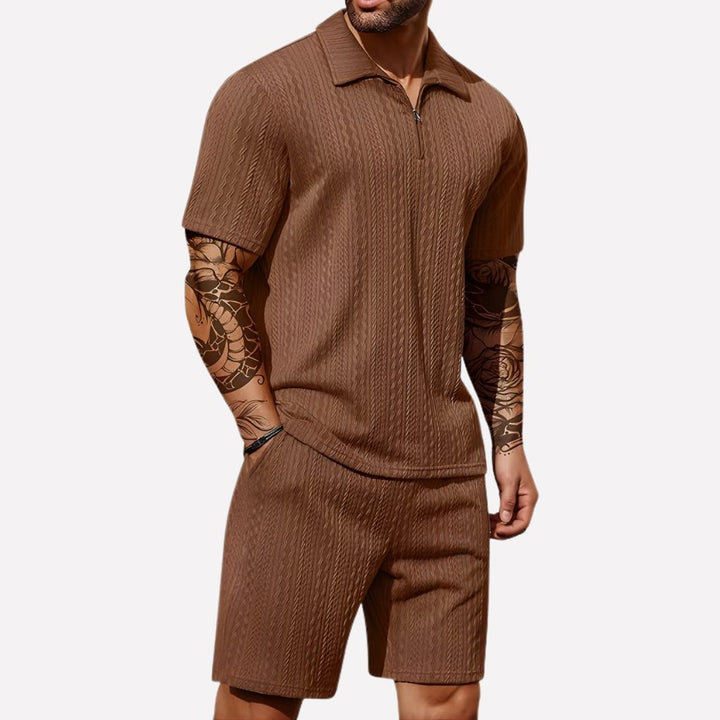 Men's half-zip polo shirt and matching shorts set. Comfortable and stylish for summer.