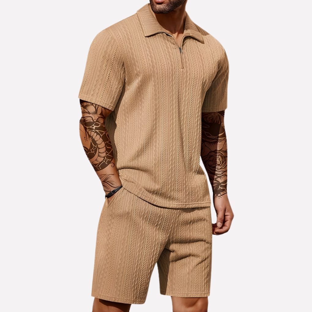 Men's casual two-piece outfit: a fashionable polo shirt & comfortable shorts set. Summer style.