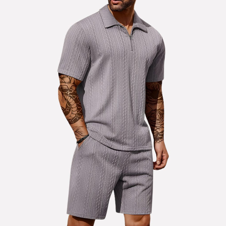 Men's comfortable knit polo shirt and shorts set. Stylish two-piece for casual summer days.