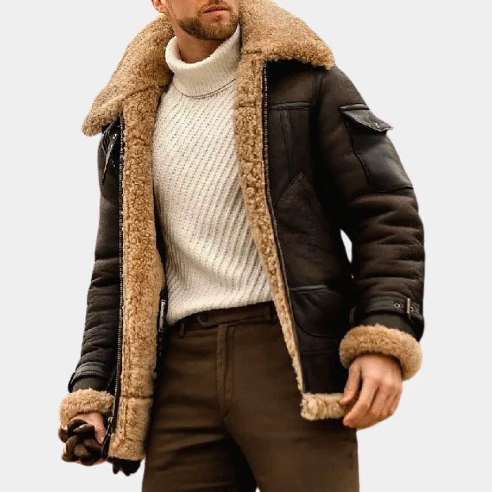 Men's stylish aviator winter jacket, pilot style, warm & durable for cold weather.