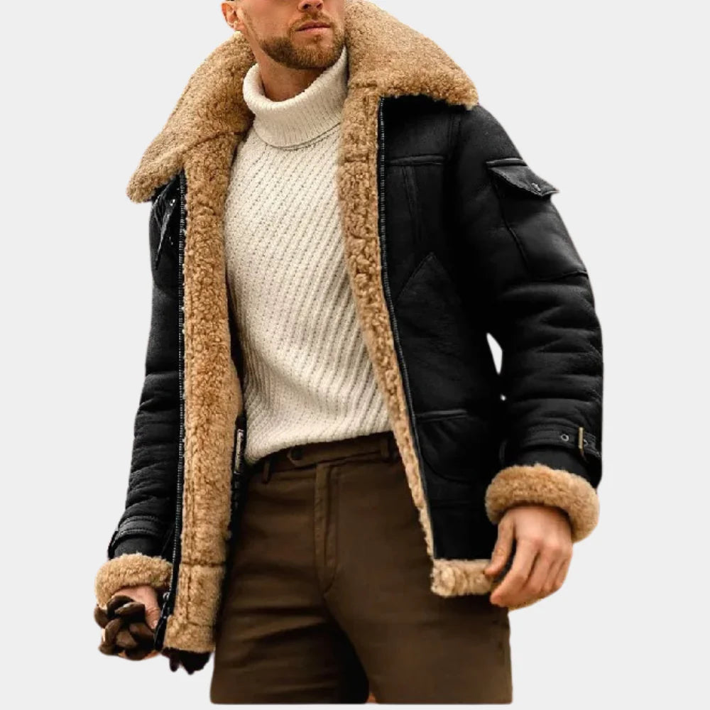 Comfortable men's warm winter aviator jacket, casual pilot style outerwear for cold weather fashion.