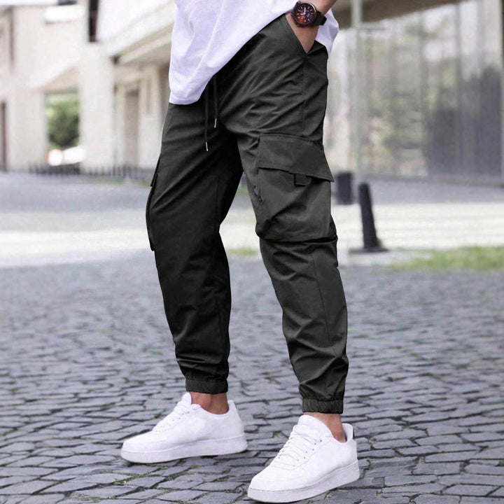 Men's stylish black cargo joggers, comfortable relaxed fit for casual everyday wear.