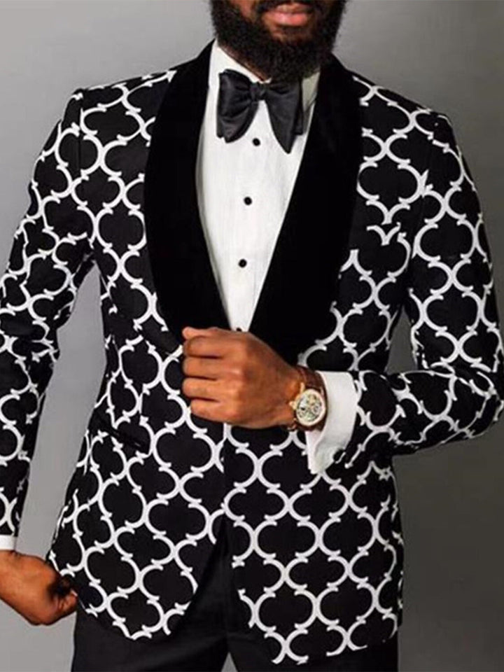 Men's stylish black checkered single-breasted suit for formal wear, business, or special occasions. Elegant fashion.