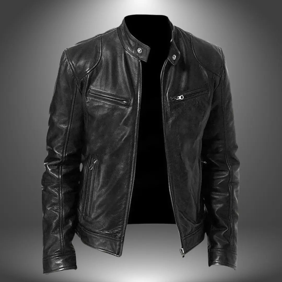 Men's stylish black leather biker jacket with a stand collar and full zip-up front, perfect for spring/fall outerwear.