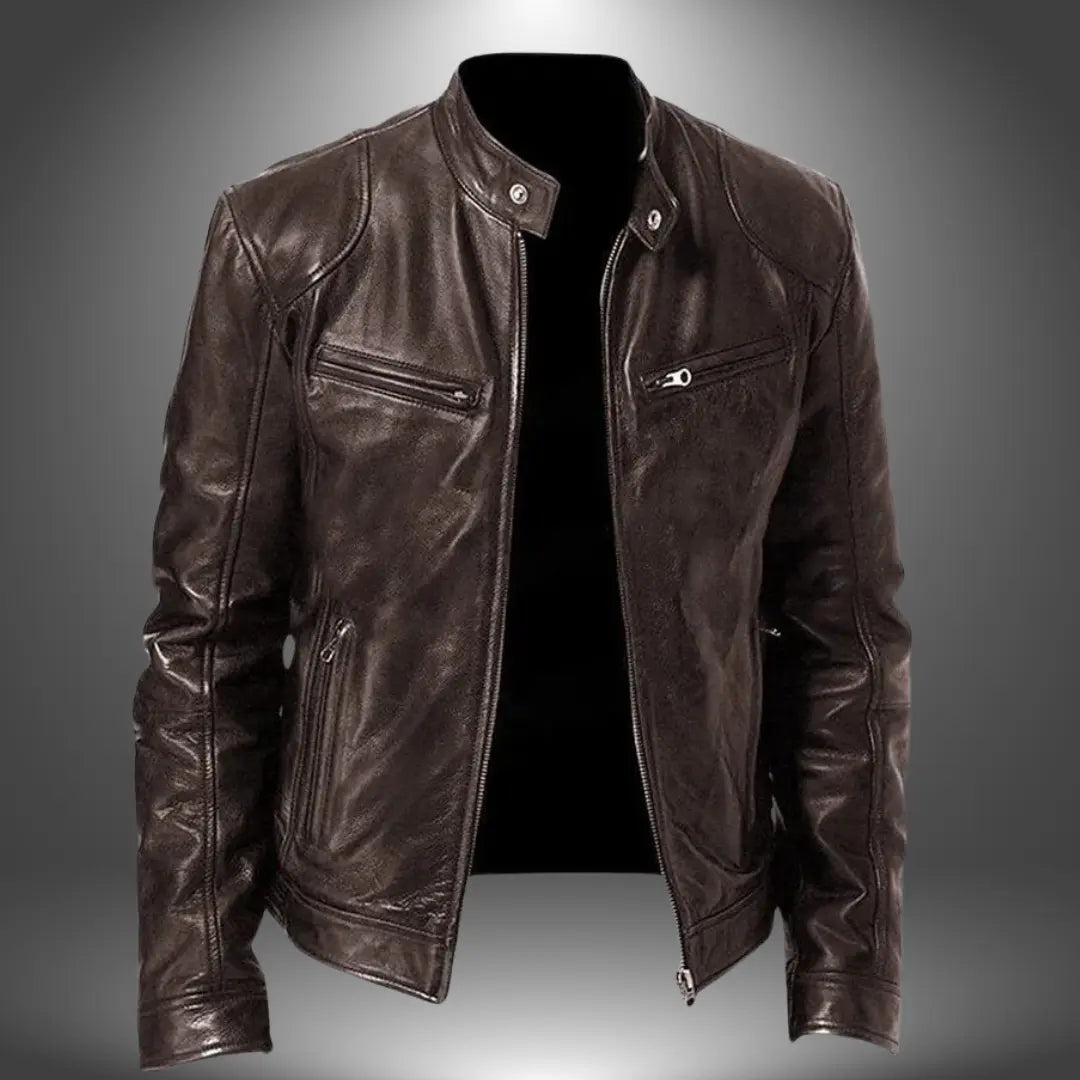 Modern men's zip-up leather jacket in a biker style with a stand collar, ideal for smart casual and everyday wear.