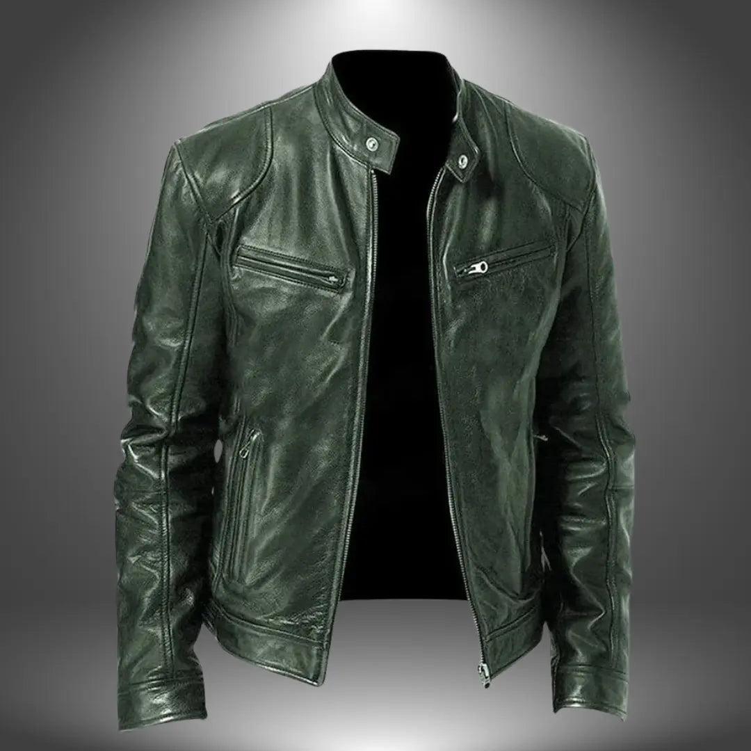 Versatile men's black leather biker jacket with a sleek stand collar. A fashionable choice for casual and smart casual outfits.