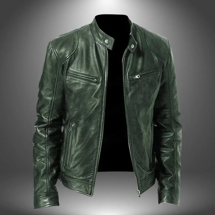 Versatile men's black leather biker jacket with a sleek stand collar. A fashionable choice for casual and smart casual outfits.