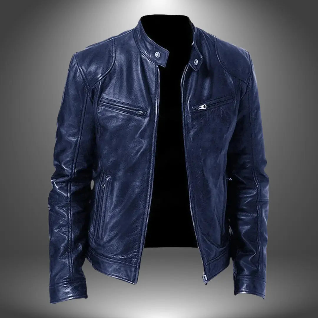 Stylish men's outerwear: a classic black leather biker jacket featuring a sophisticated stand collar and zip closure.
