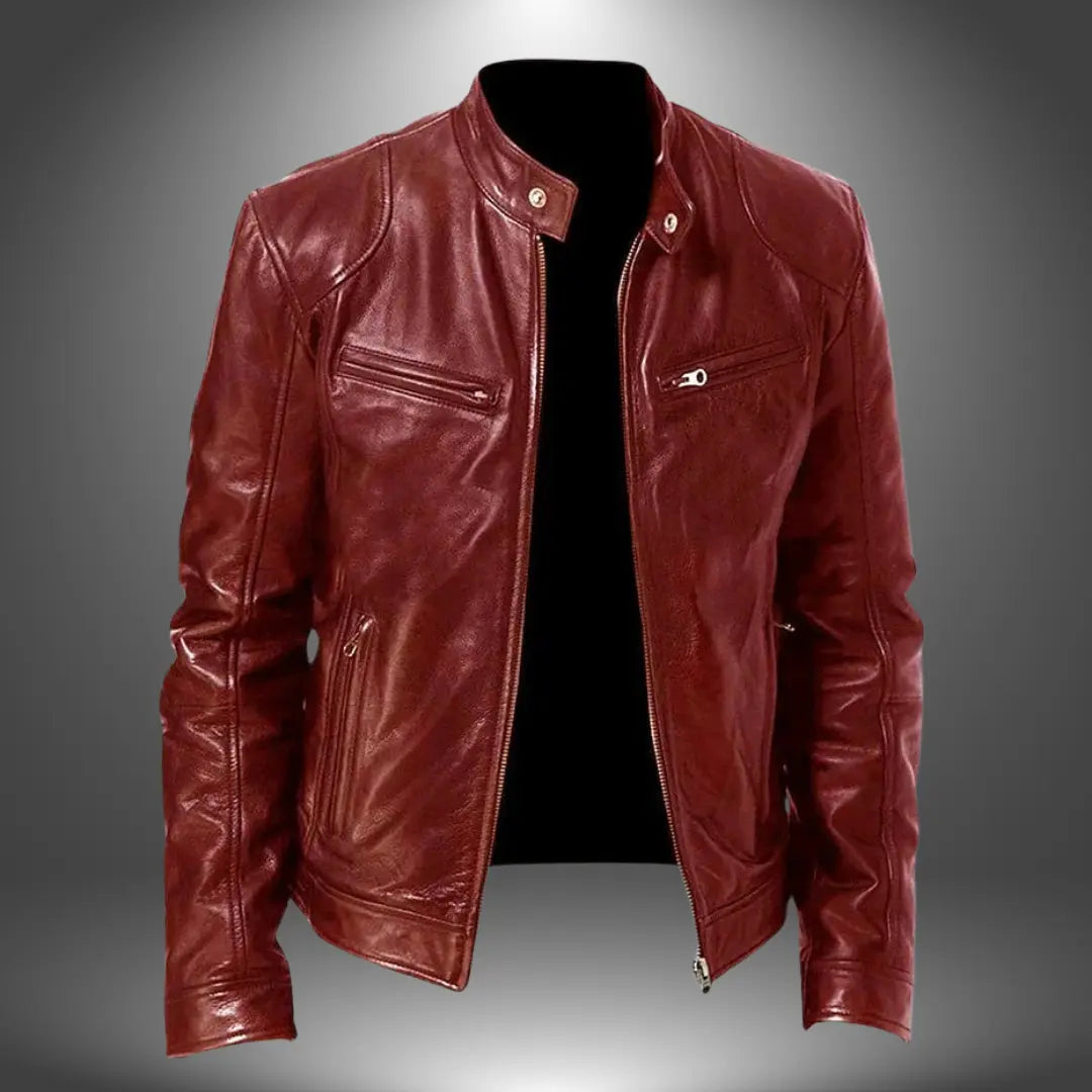 Detail shot of a men's zip-up biker jacket, showcasing its stand collar and premium leather texture. Modern men's fashion.