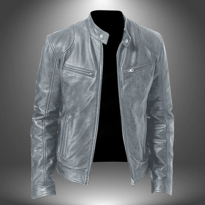 Fashionable men's stand collar leather jacket, a durable and comfortable zip-up biker style for everyday and casual wear.