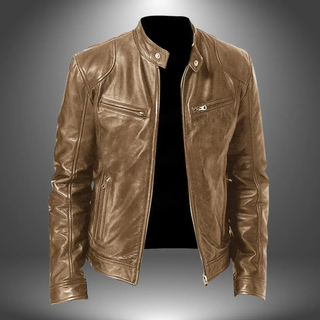 Sleek men's leather jacket with a stand collar, a modern zip-up biker design. Essential versatile outerwear for men.