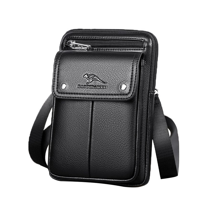 Men's stylish black leather crossbody bag for daily essentials, compact & versatile for travel or business casual.
