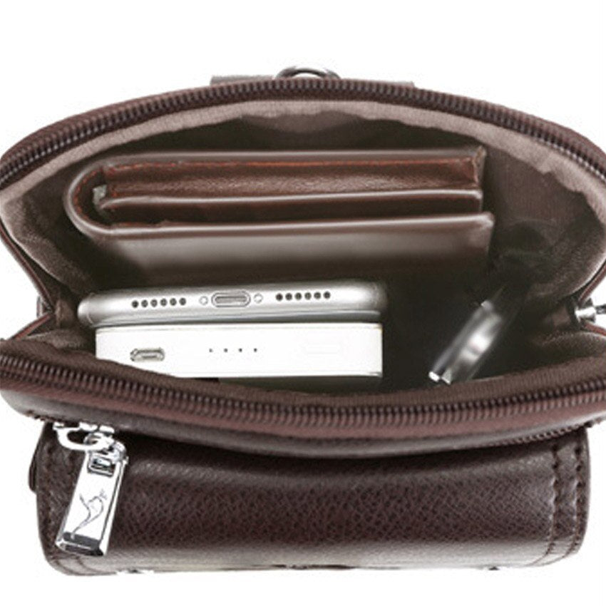 Stylish men's black leather cross-body bag for keys, phone & wallet, a compact daily essentials solution.