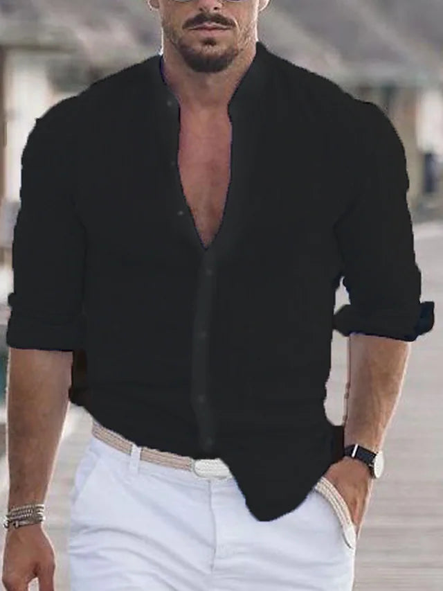 Men's stylish black long sleeve casual button-up shirt. Versatile & comfortable for smart casual everyday wear.