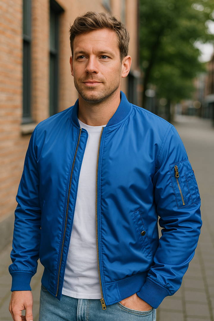 Zip-up men's bomber jacket in a sleek design, offering comfort and style for everyday layering.