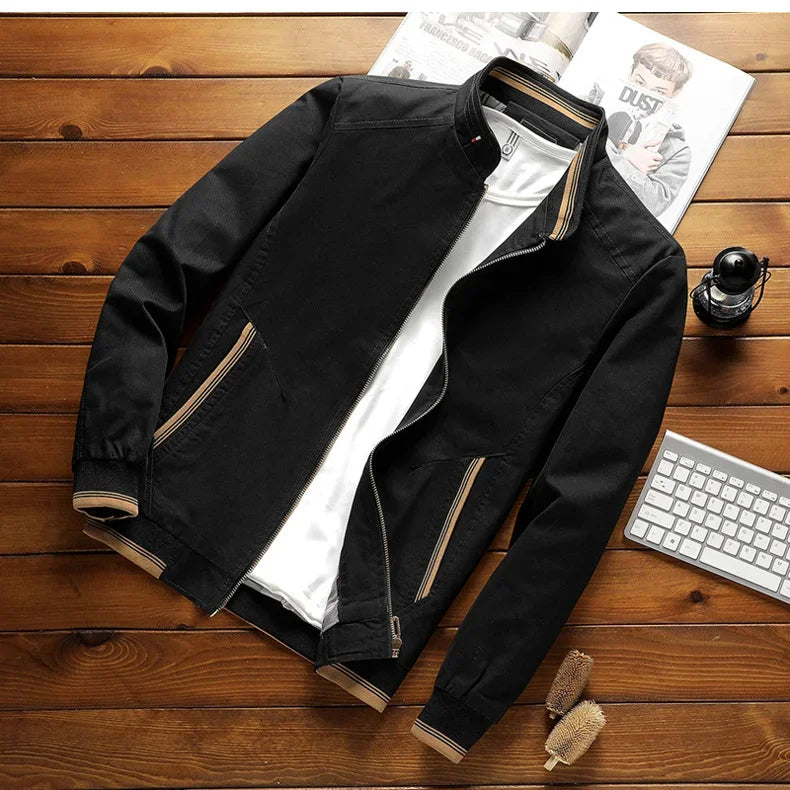 Model wearing versatile men's bomber jacket, a stylish & lightweight outerwear choice for everyday casual fashion.