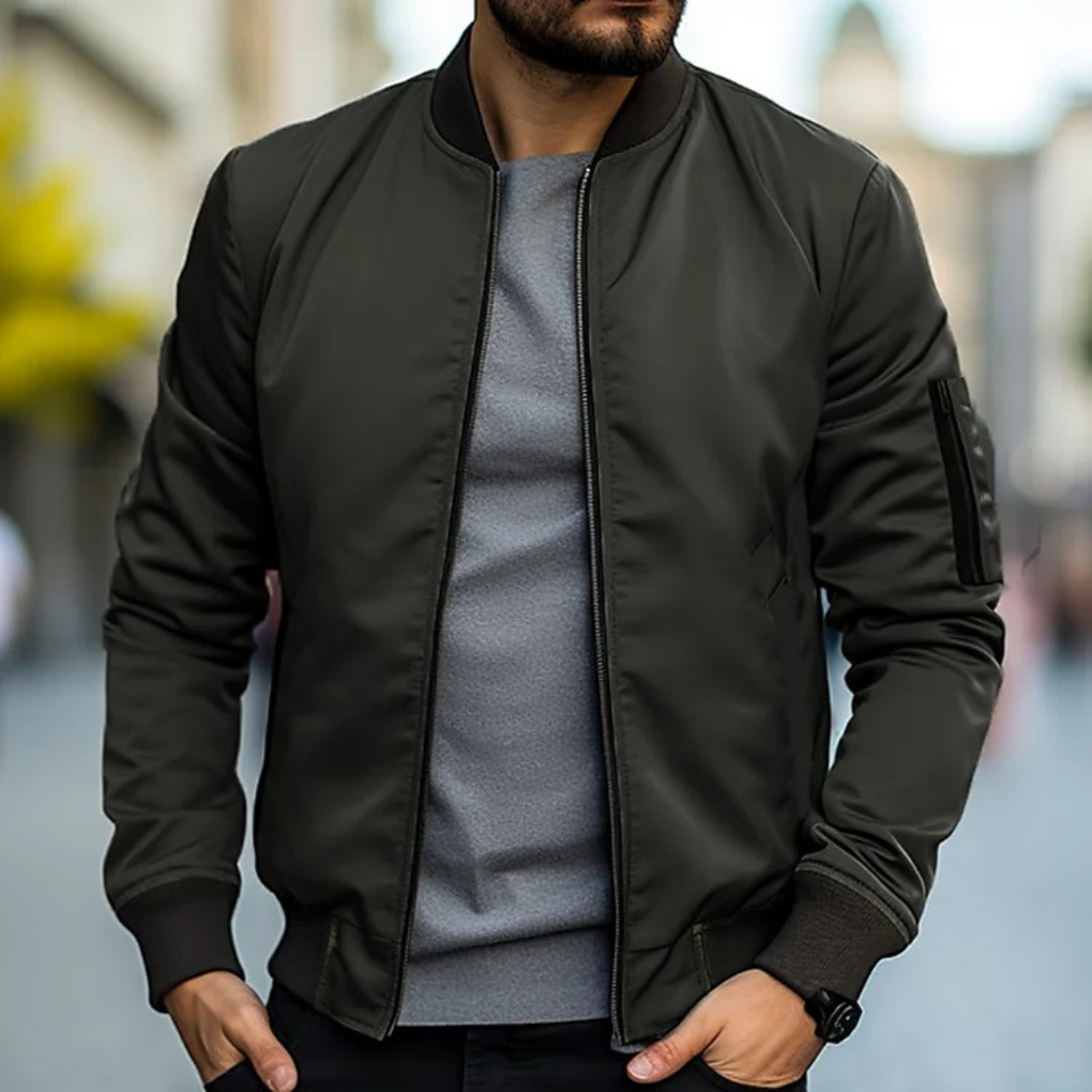 Casual men's zip bomber jacket, perfect outerwear for a stylish spring or fall everyday look.