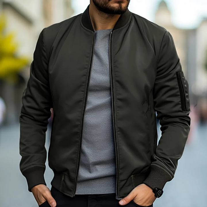 Casual men's zip bomber jacket, perfect outerwear for a stylish spring or fall everyday look.