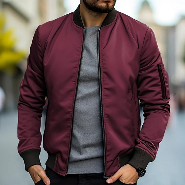 Stylish men's bomber jacket, a versatile slim fit zip outerwear piece for fall, spring, and casual wear.