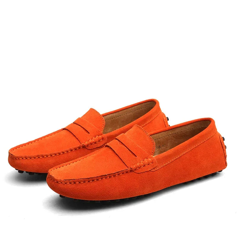 Close-up of men's premium suede driving loafers. Soft, comfortable slip-on shoes for stylish casual footwear.