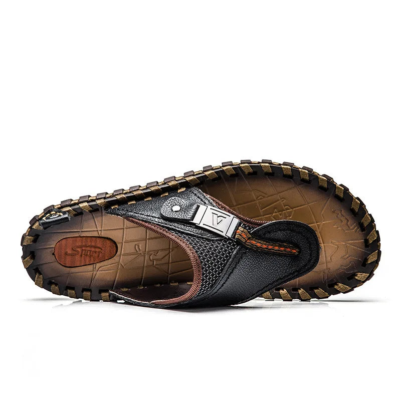 Comfortable men's genuine leather flip-flops for stylish summer footwear and outdoor activities.